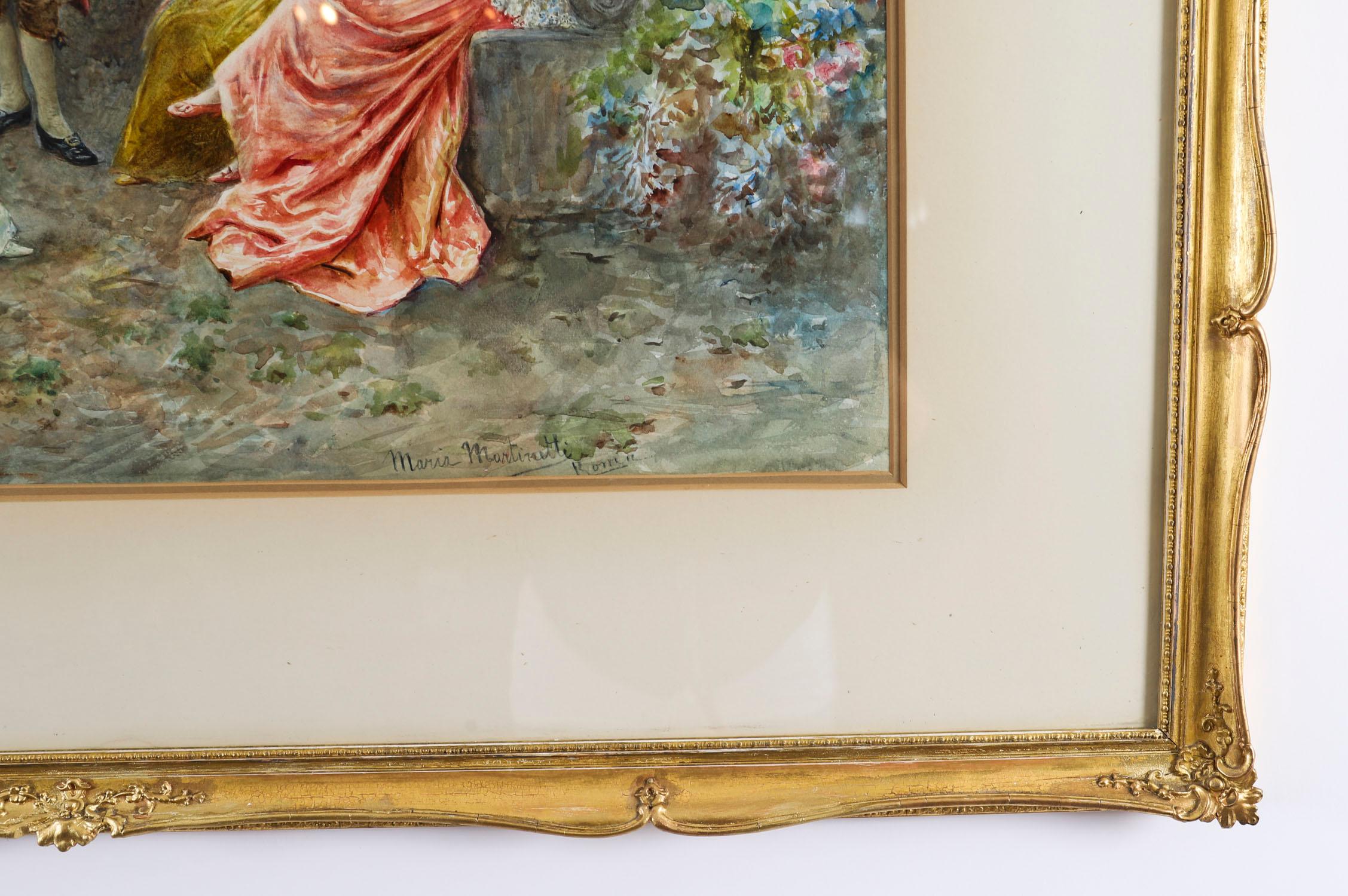 Canvas Antique Watercolour 'The Garden Music Recital' by Martinetti 19th Century For Sale