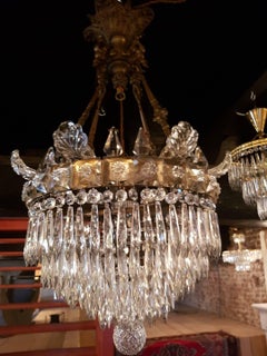 Antique Waterfall Chandelier with Crystal Pinnacles and Glass Ornaments