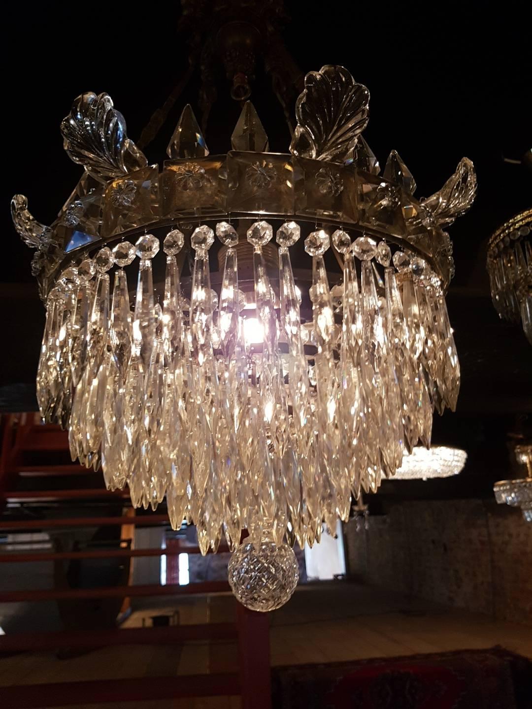 French Antique Waterfall Chandelier with Crystal Pinnacles and Glass Ornaments For Sale