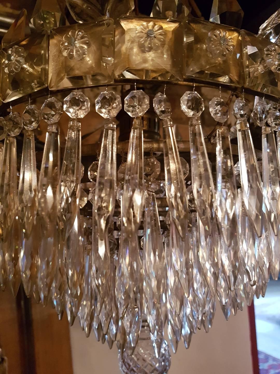 Antique Waterfall Chandelier with Crystal Pinnacles and Glass Ornaments In Good Condition For Sale In Oldebroek, NL