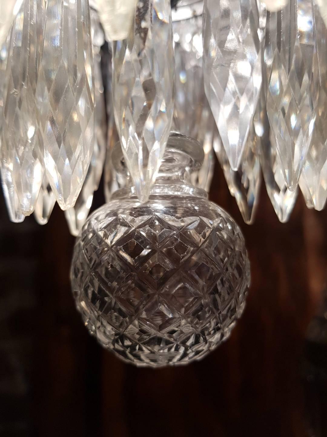 19th Century Antique Waterfall Chandelier with Crystal Pinnacles and Glass Ornaments For Sale