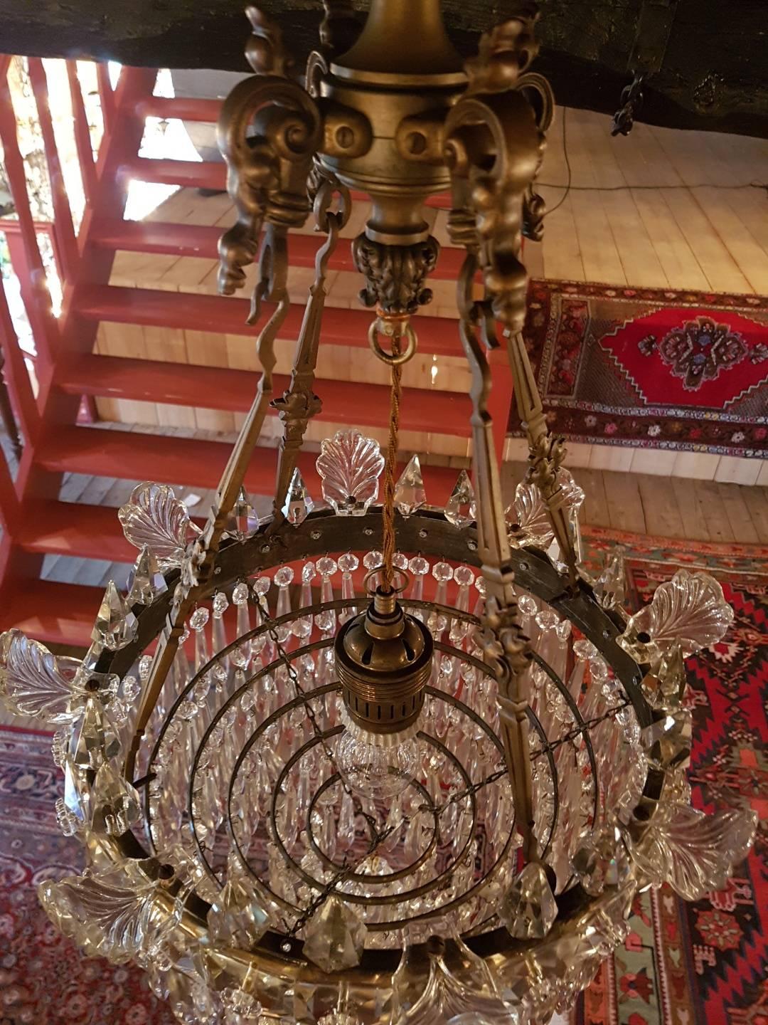 Bronze Antique Waterfall Chandelier with Crystal Pinnacles and Glass Ornaments For Sale