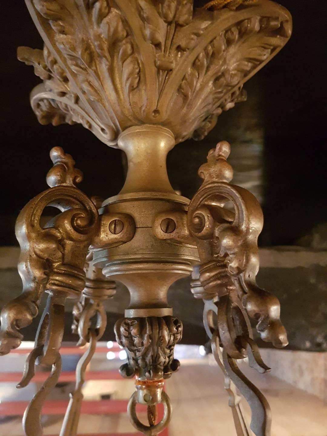 Antique Waterfall Chandelier with Crystal Pinnacles and Glass Ornaments For Sale 2