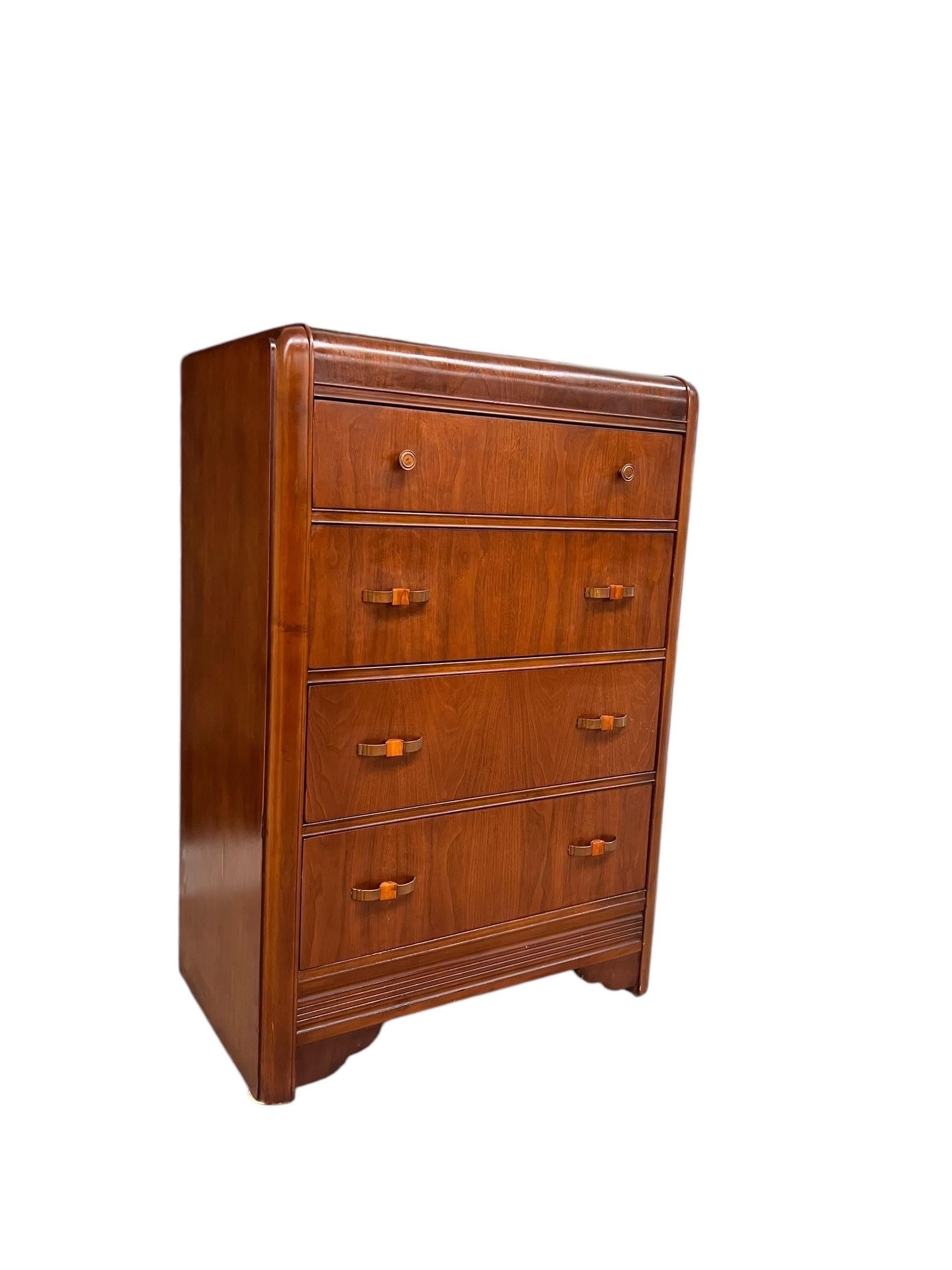 Antique Waterfall Dresser with Distinctive Art Deco Design and original hardware In Good Condition In Seattle, WA