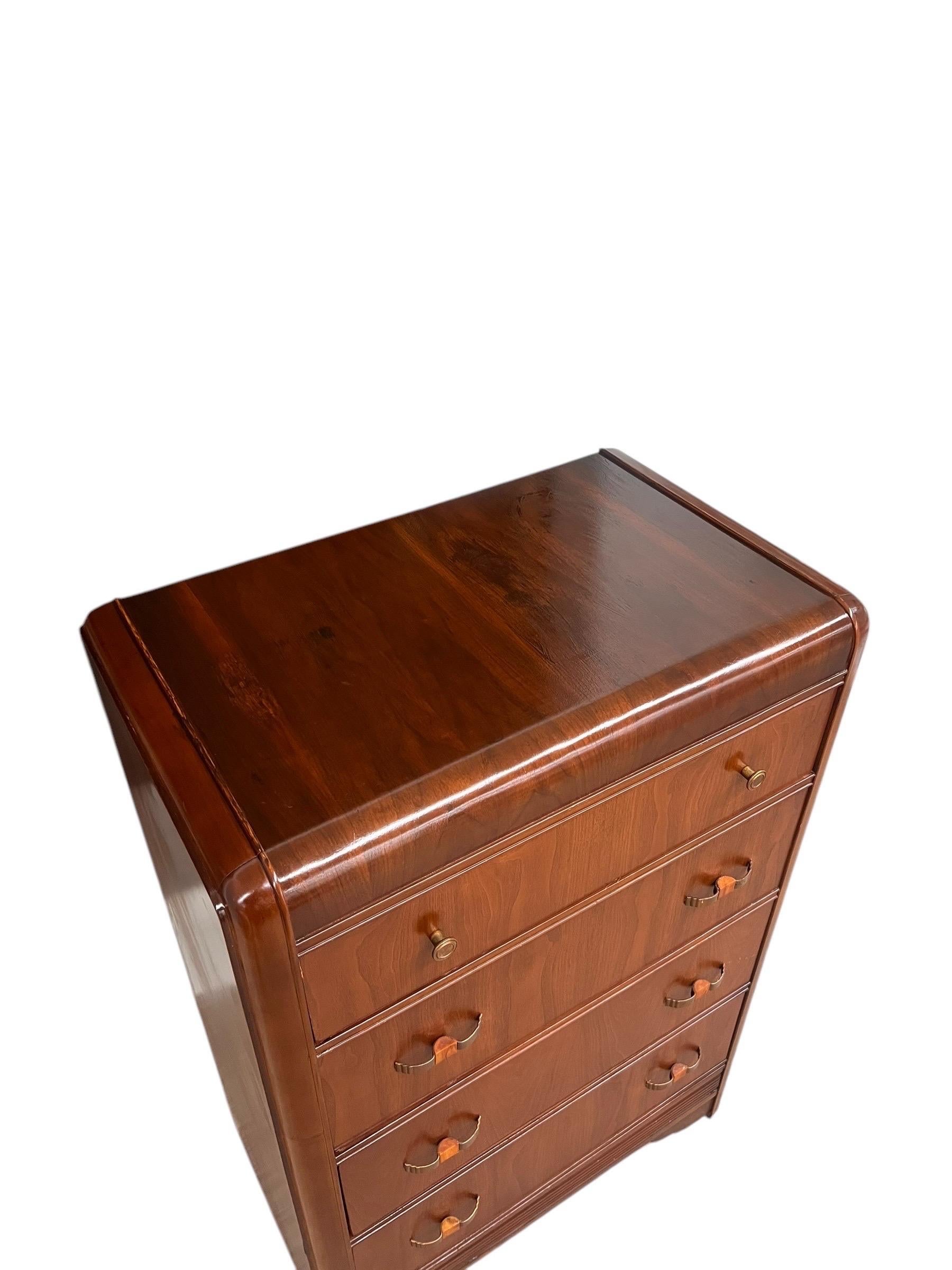 Wood Antique Waterfall Dresser with Distinctive Art Deco Design and original hardware