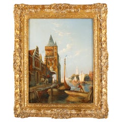 Antico dipinto a olio con paesaggio acquatico di William Dommersen del XIX secolo