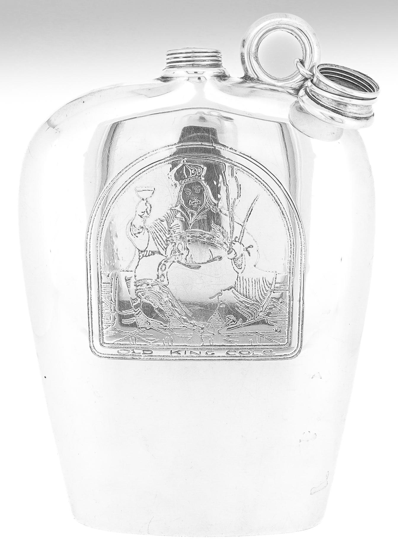 An antique 1/2 pint liquor or whisky flask.

In sterling silver.

By Watrous, a division of the International Silver Co.

With an acid-etched depiction of 'Old King Cole' to the front, a loop handle, and a cork-lined screw top lid.

Marked to the