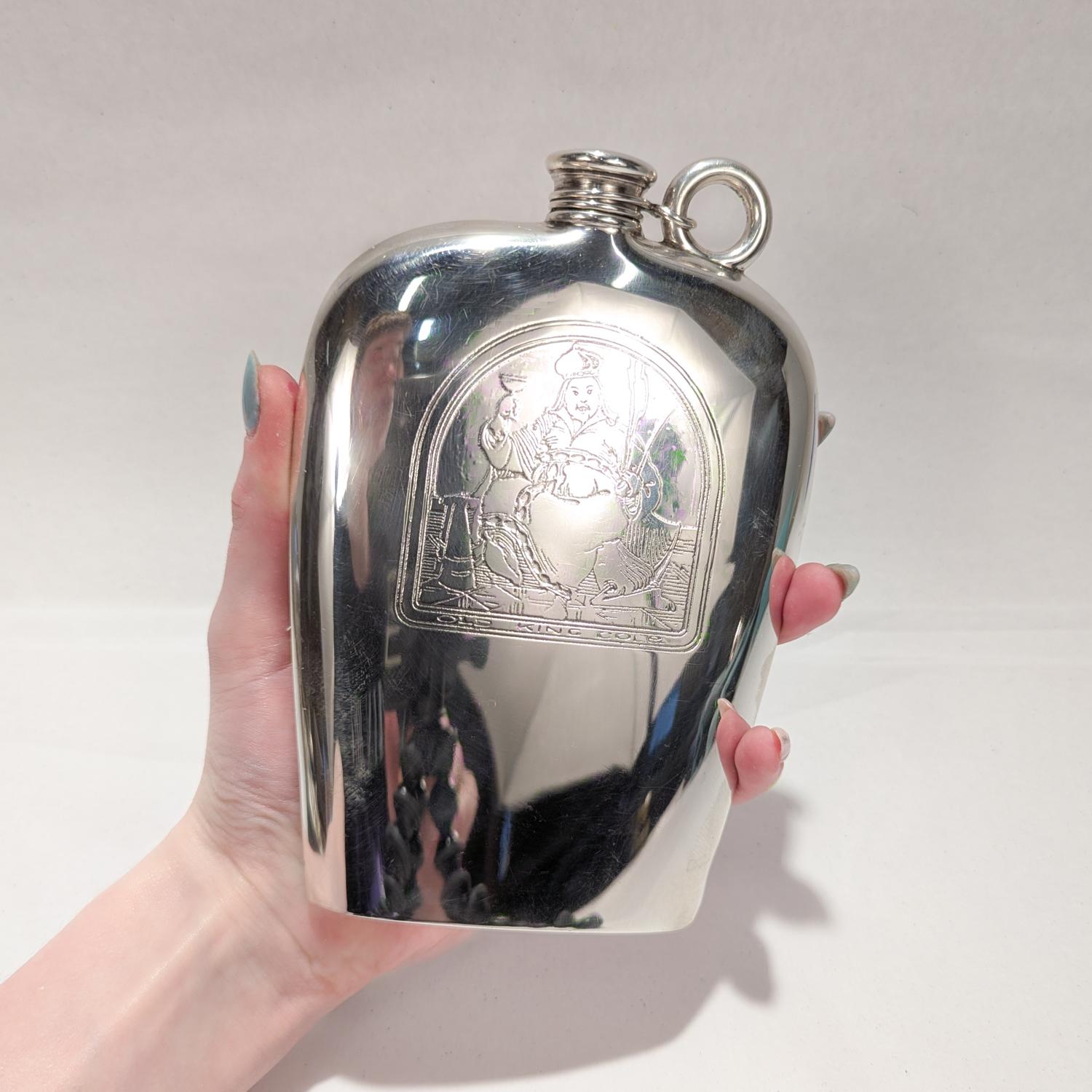 Antique Watrous Sterling Silver Old King Cole Figural Liquor Whisky Hip Flask In Good Condition For Sale In Philadelphia, PA