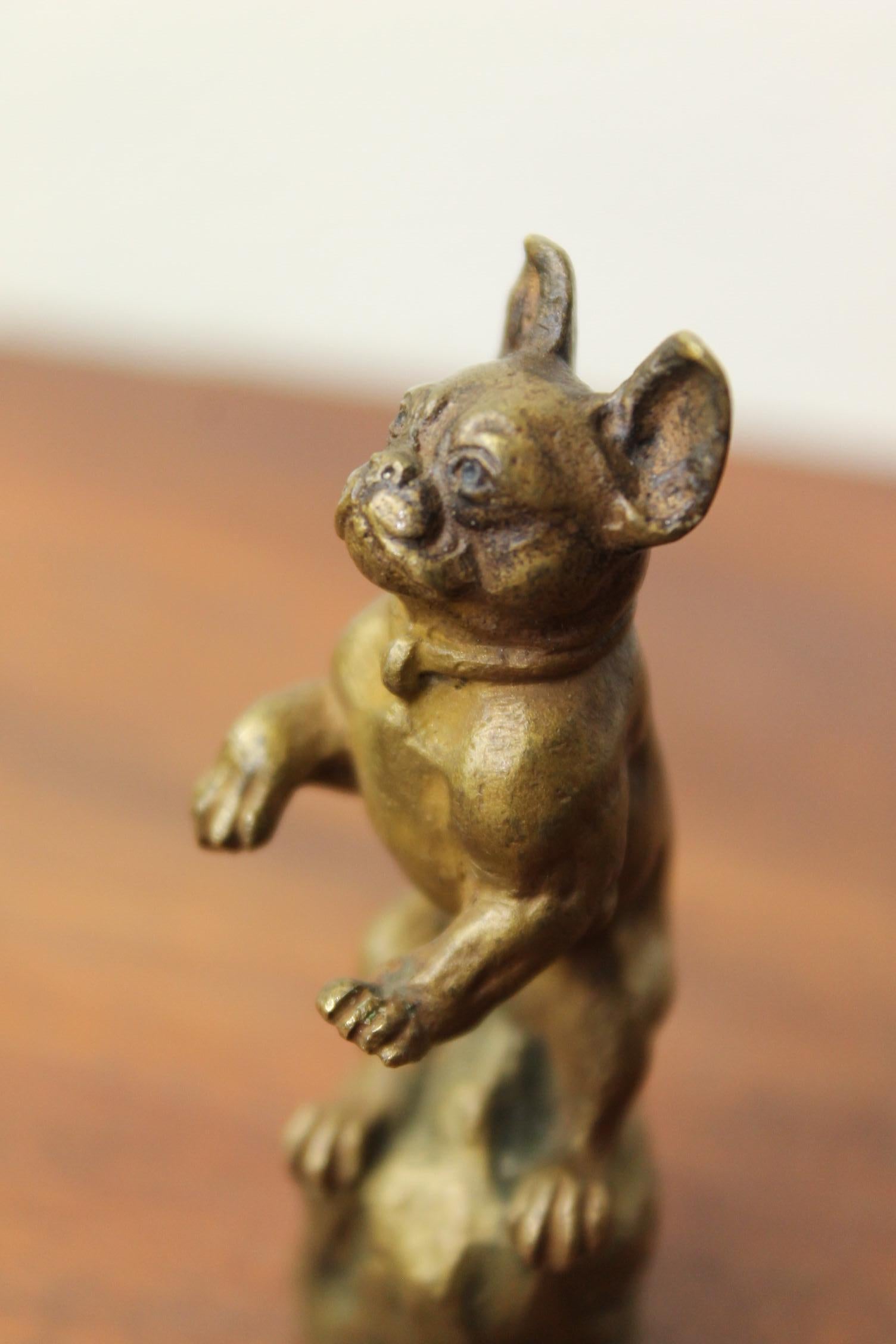 Antique figural wax seal stamp - desk stamp with French bulldog on top.
Very detailed brass bulldog figurine.
Stamp has elegant Initials - Monogram of M and V with Fleur de Lys.
Antique desk accessories - desk stamp - wax seal stamp - small