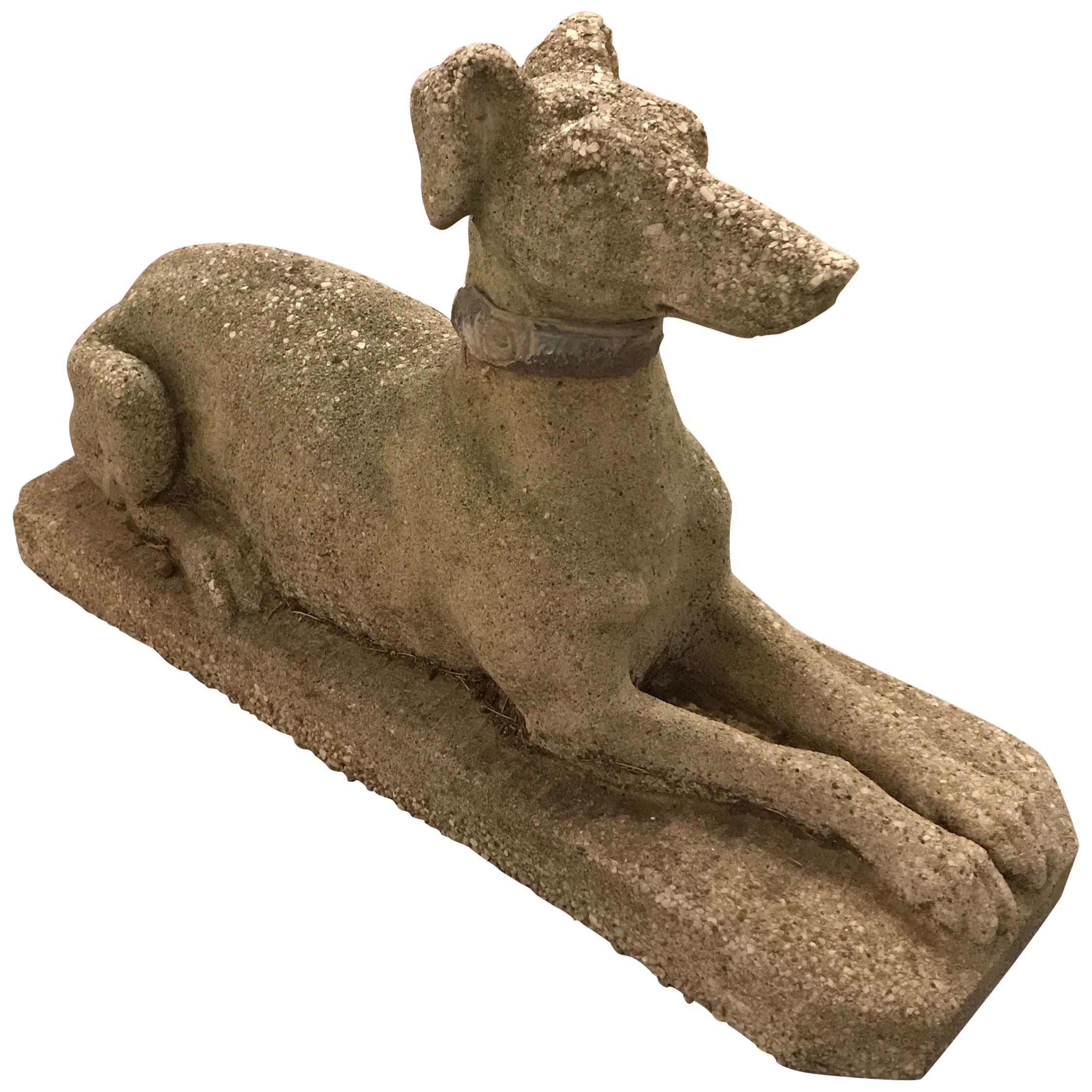 Antique Weathered Cast Concrete Dog Garden Sculpture