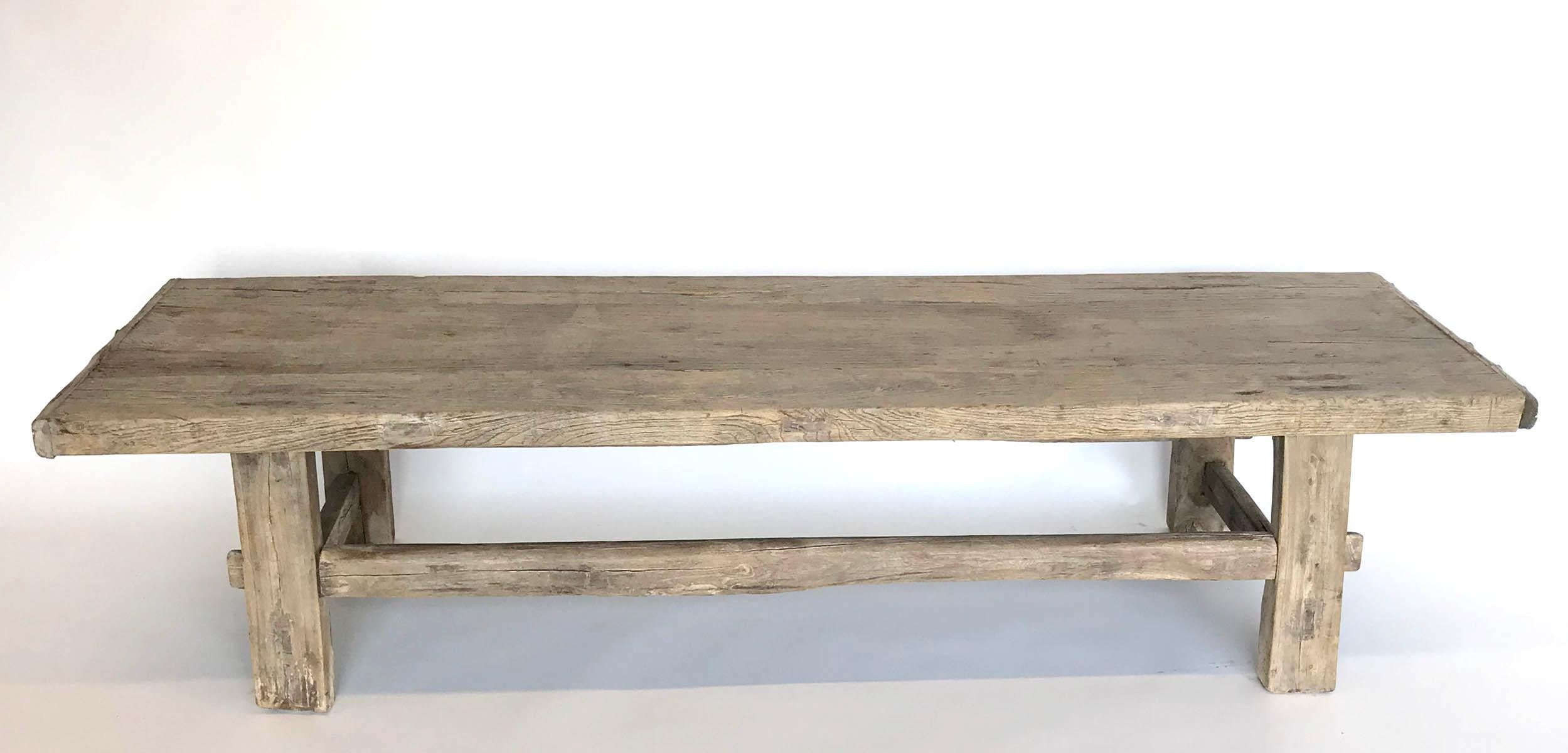 Antique elm wood bench with original nails, double mortise and tenon construction. Great natural, weathered patina. Works well as a bench, coffee table or low console.