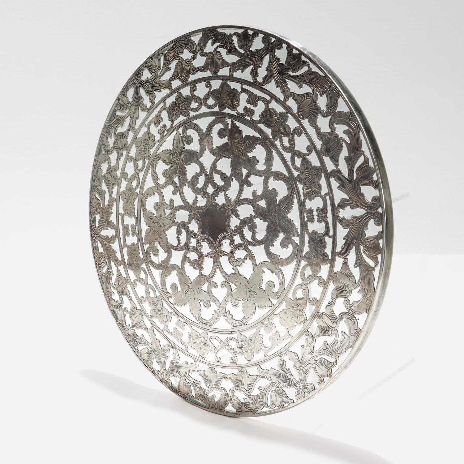Large Antique Webster Edwardian Silver Overlay & Glass Wine Coaster or Trivet For Sale 1
