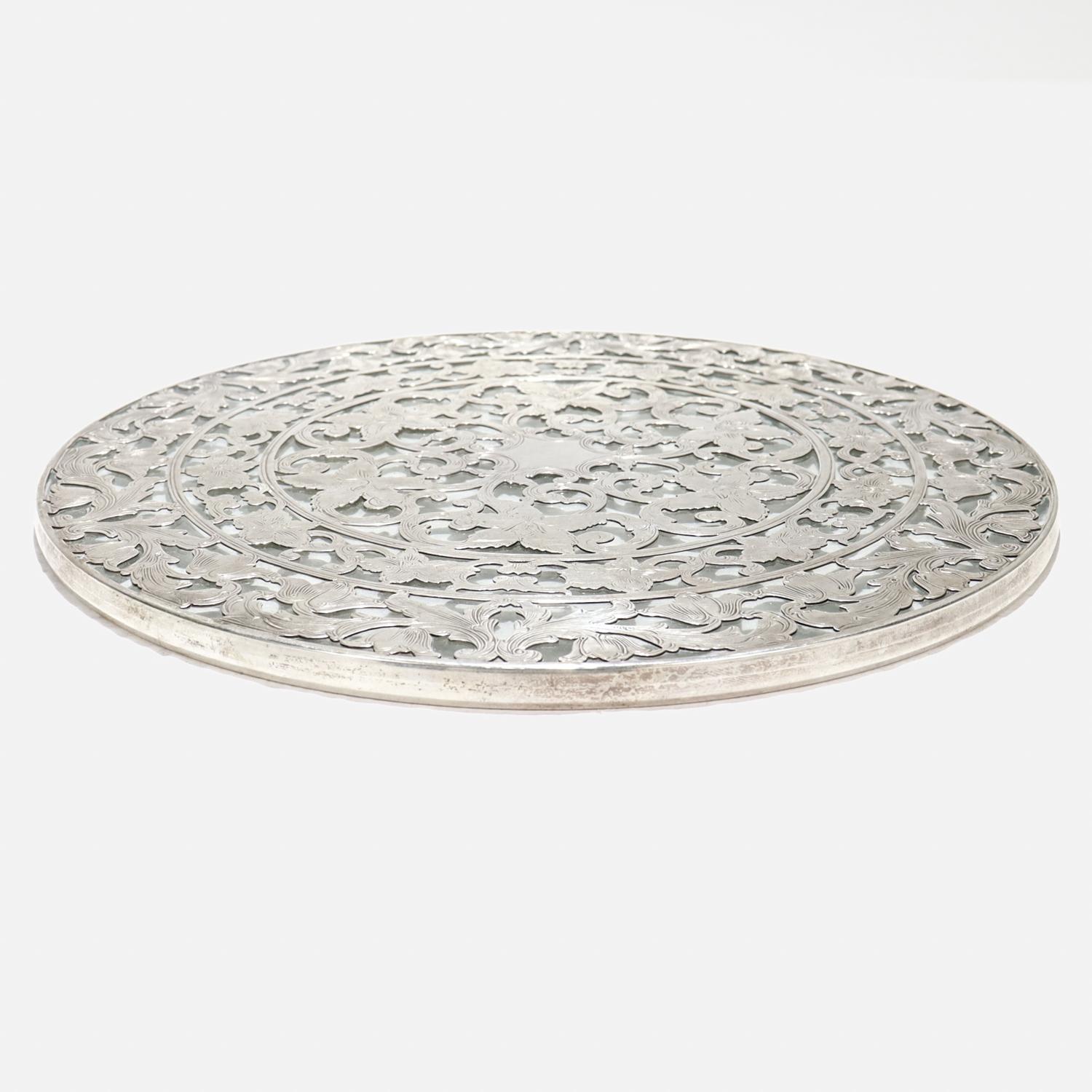 Large Antique Webster Edwardian Silver Overlay & Glass Wine Coaster or Trivet For Sale 5