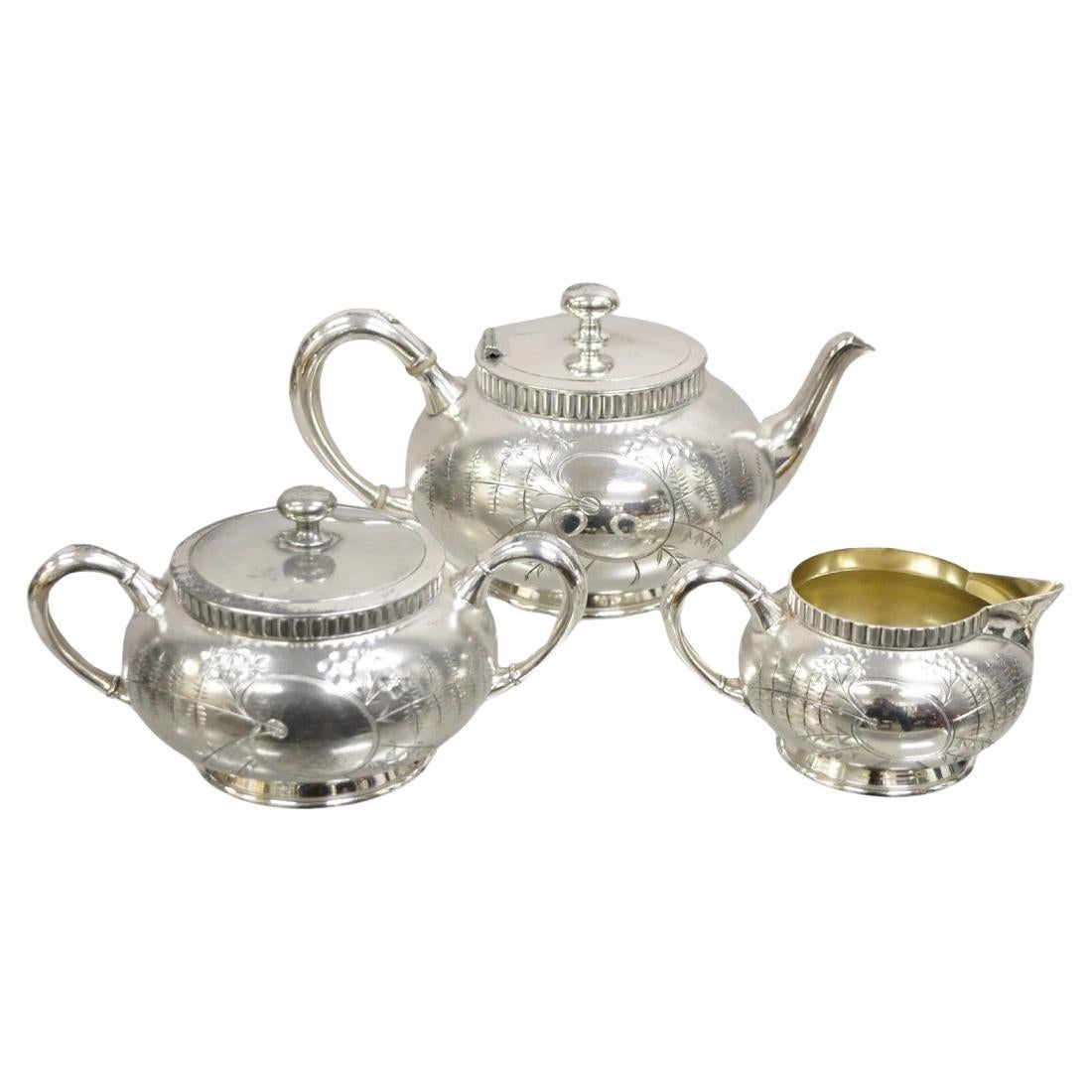 Antique Webster & Son Victorian Silver Plated Etched Tea Set - 3 Pc Set