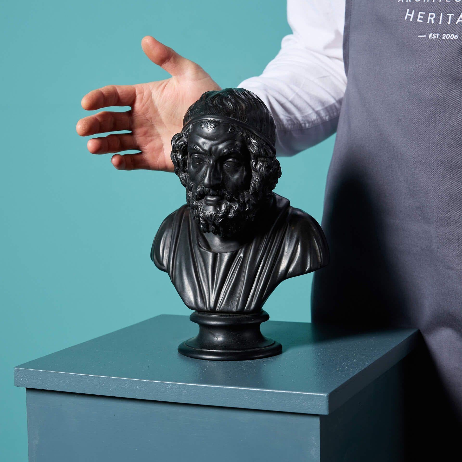 An antique Wedgwood black basalt bust of Homer.

This Grand Tour style sculpture is a very stylish depiction of the scholar.

This English bust depicts the legendary poet and author Homer who is presumed to have penned the two of ancient Greece’s