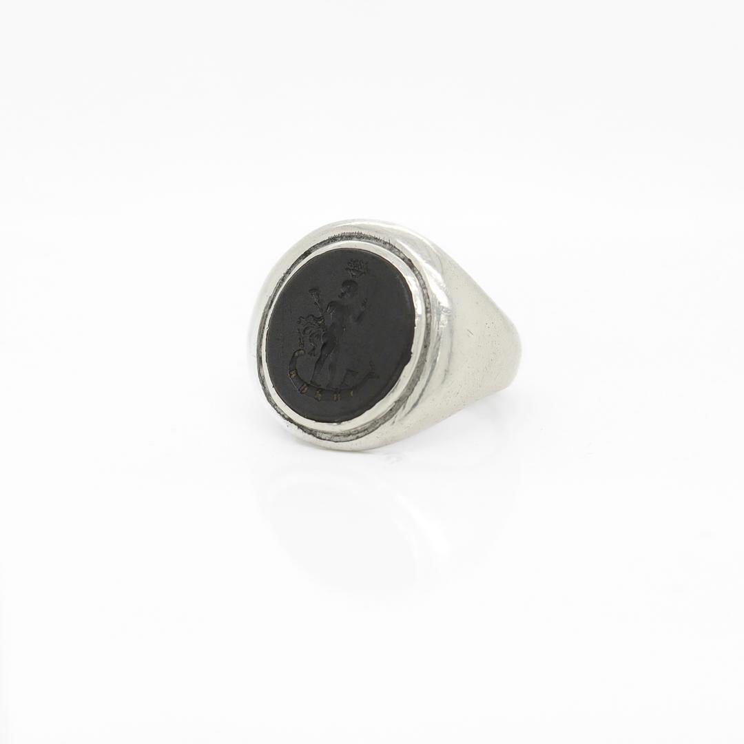 Georgian Antique Wedgwood & Bentley Black Basalt Intaglio Seal Silver Signet Ring For Sale