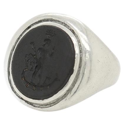 Antique Wedgwood & Bentley Black Basalt Intaglio Seal Silver Signet Ring For Sale