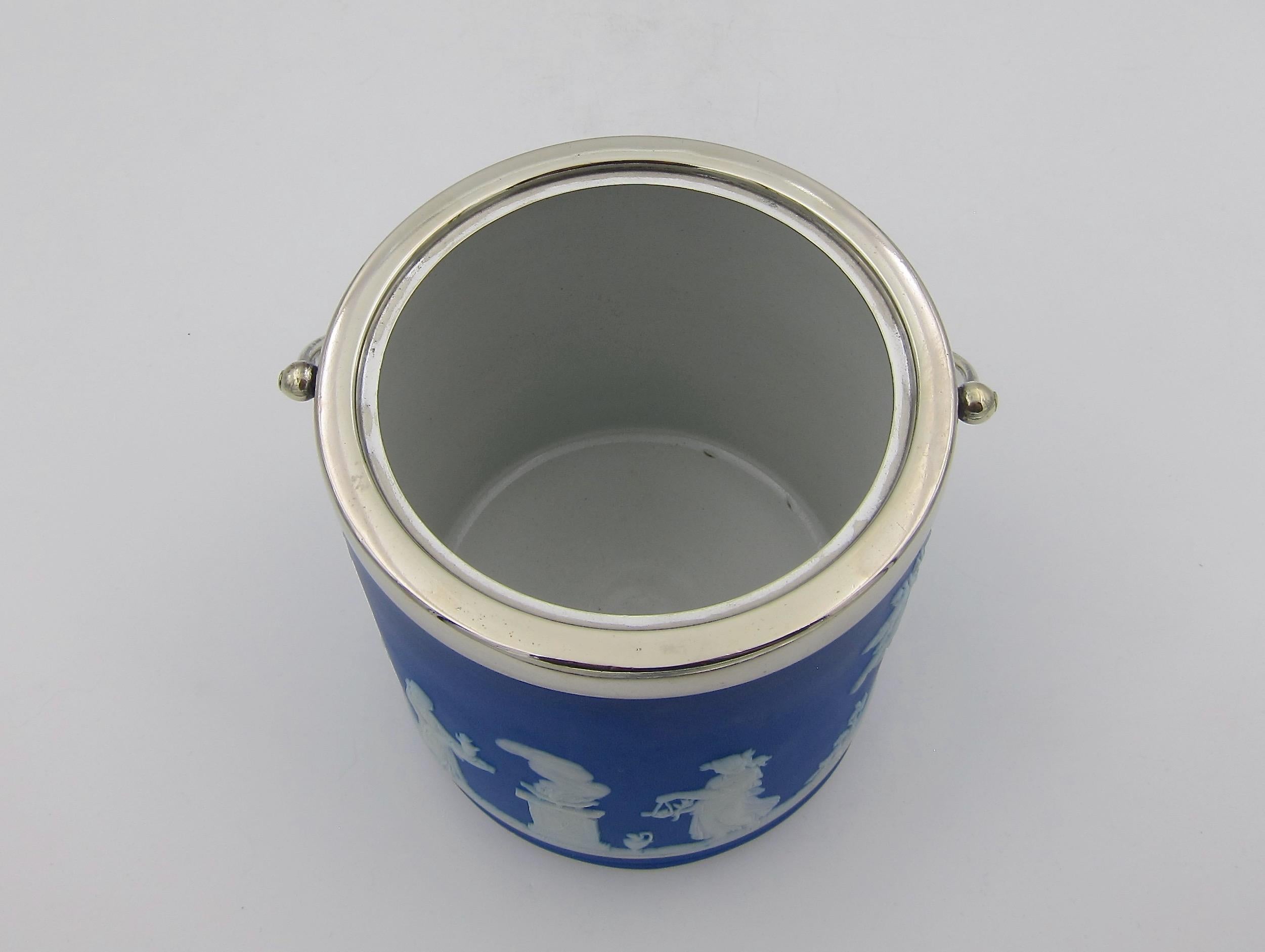 English Antique Wedgwood Biscuit Jar in Blue Jasper with Silver-Plated Fittings