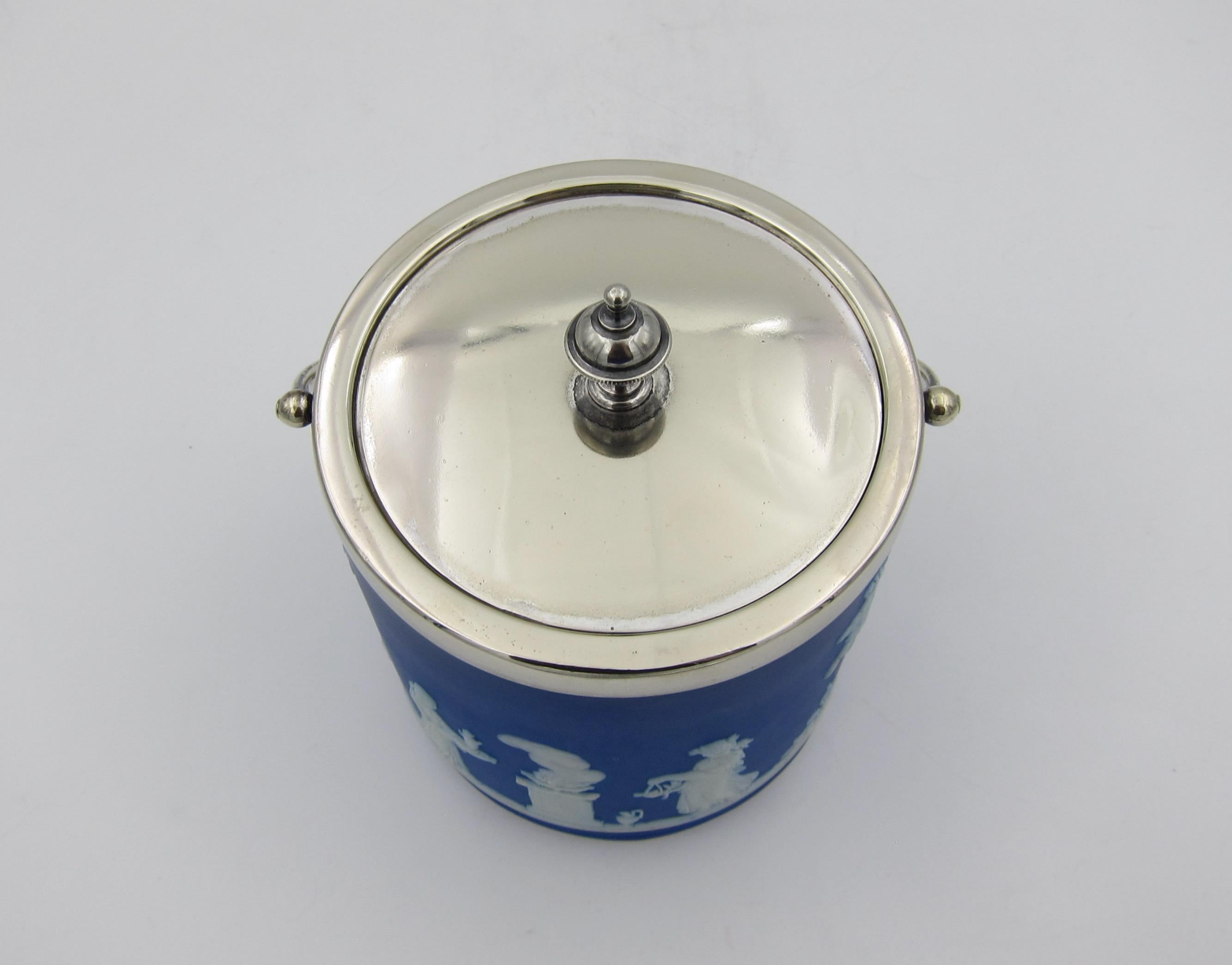 19th Century Antique Wedgwood Biscuit Jar in Blue Jasper with Silver-Plated Fittings