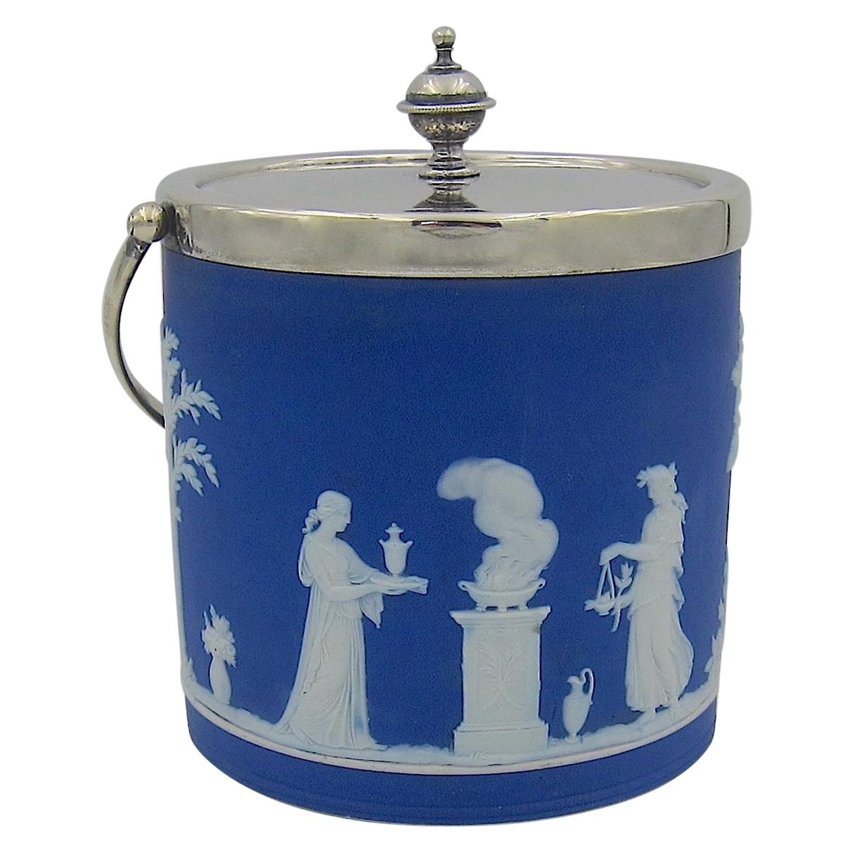 Antique Wedgwood Biscuit Jar in Blue Jasper with Silver-Plated Fittings