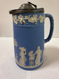 Antique Wedgwood Blue Jasperware Lidded Jug, signed WEDGWOOD