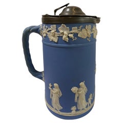 Antique Wedgwood Blue Jasperware Lidded Jug, signed WEDGWOOD
