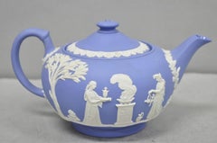 Antique Wedgwood Blue Jasperware Tea Set w/ Tea Pot Creamer Sugar Bowl 3 Pc Set