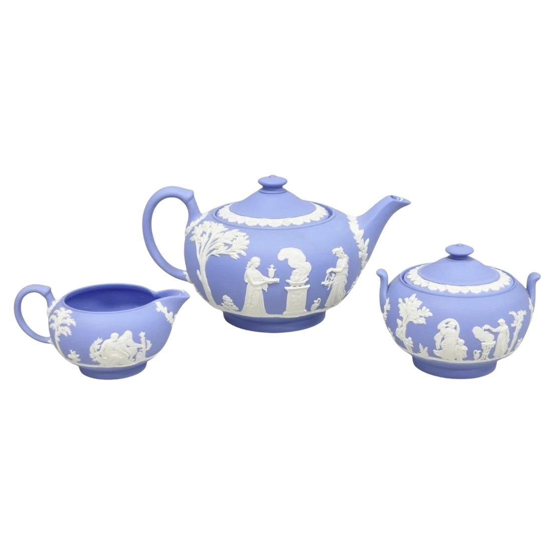 Antique Wedgwood Blue Jasperware Tea Set w/ Tea Pot Creamer Sugar Bowl 3 Pc Set