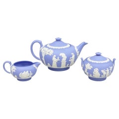 Antique Wedgwood Blue Jasperware Tea Set w/ Tea Pot Creamer Sugar Bowl 3 Pc Set