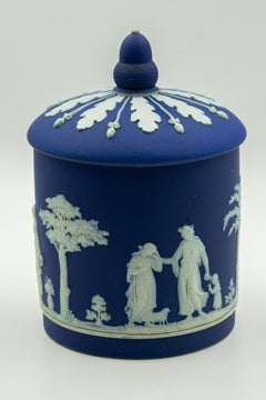 Antique Wedgwood Dark Cobalt Blue Jasperware Acorn Biscuit Barrel Cookie Jar