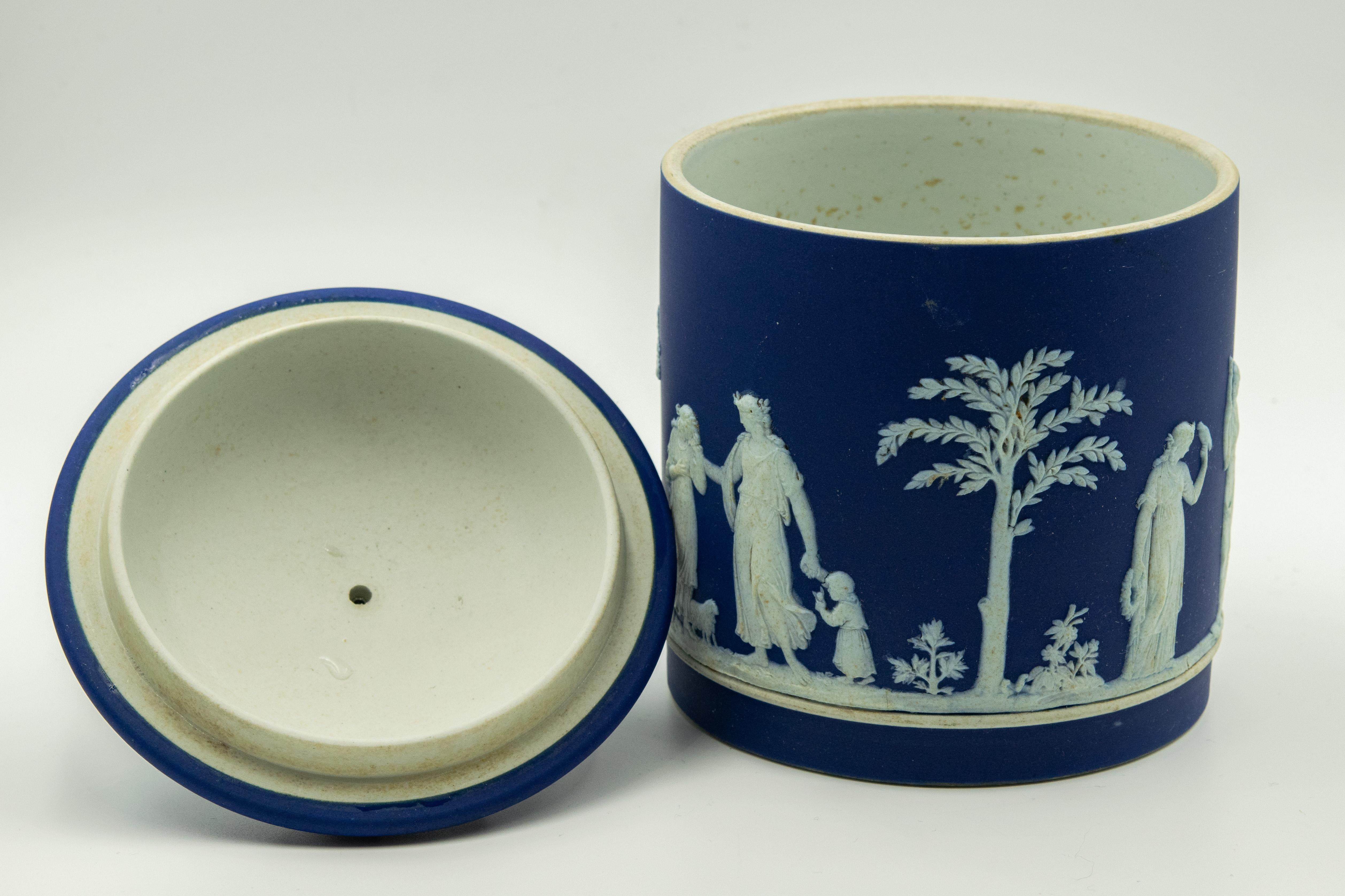 Neoclassical Antique Wedgwood Dark Cobalt Blue Jasperware Acorn Biscuit Barrel Cookie Jar