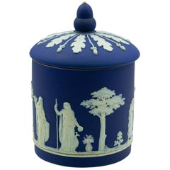 Antique Wedgwood Dark Cobalt Blue Jasperware Acorn Biscuit Barrel Cookie Jar