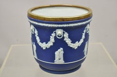 Antique Wedgwood England Blue Jasperware Cache Pot with Brass Rim