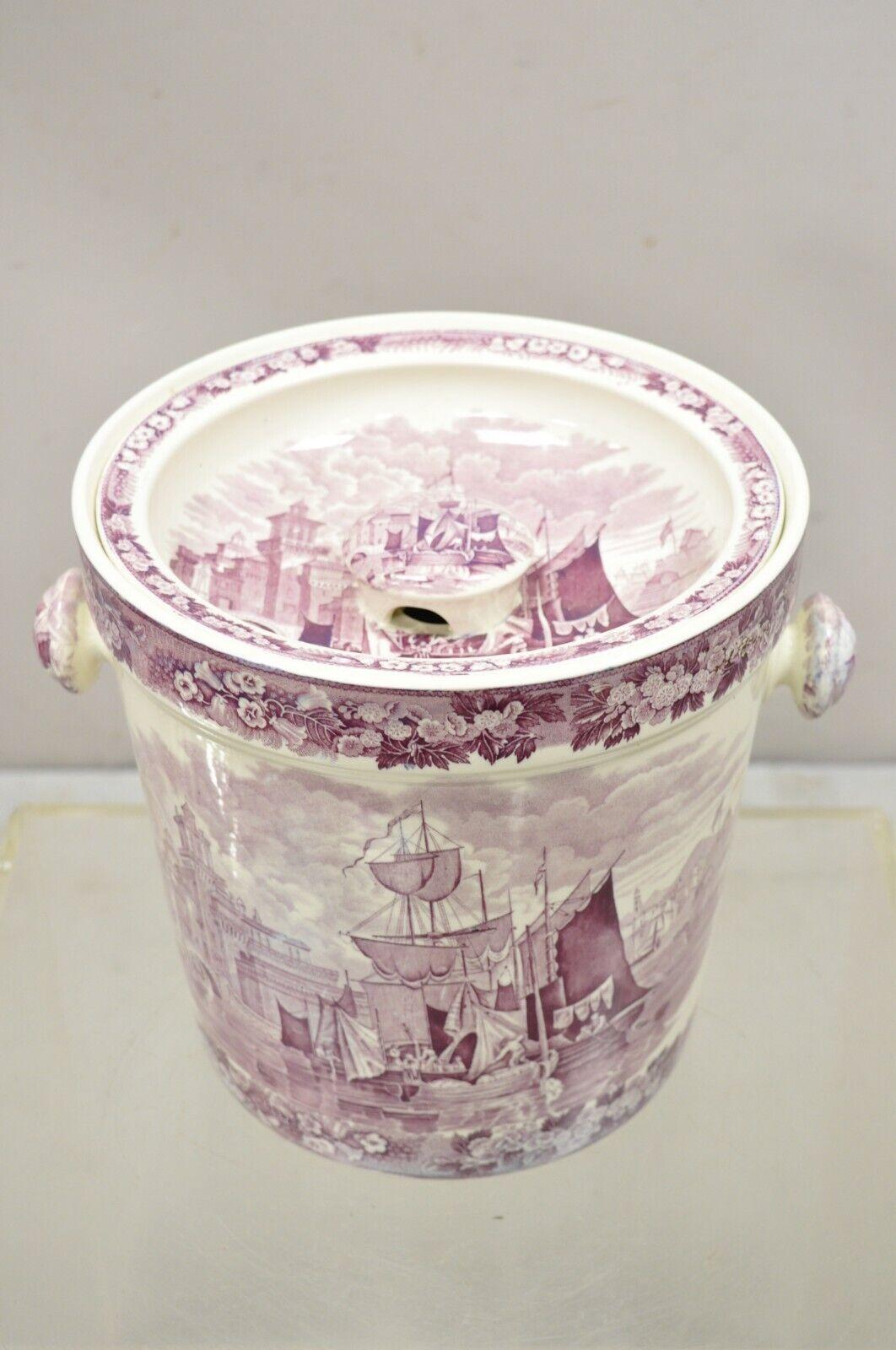 Antique Wedgwood Ferrara Etruria Plum Purple Porcelain Lidded Chamber Slop Pot. Item featured is a very rare model, decorated removable lid with holes, attractive purple 