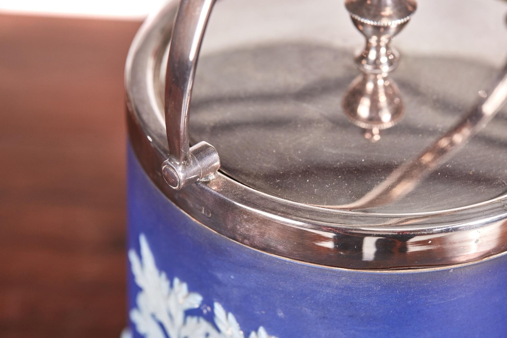 blue and white biscuit barrel