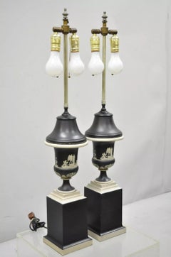 Antique Wedgwood Jasperware Black and White Urn Form Table Lamps - a Pair