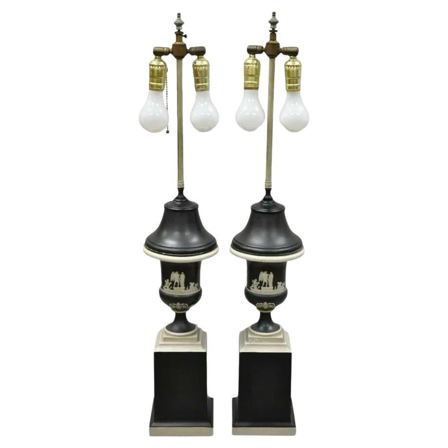 Antique Wedgwood Jasperware Black and White Urn Form Table Lamps - a Pair