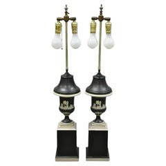 Antique Wedgwood Jasperware Black and White Urn Form Table Lamps - a Pair