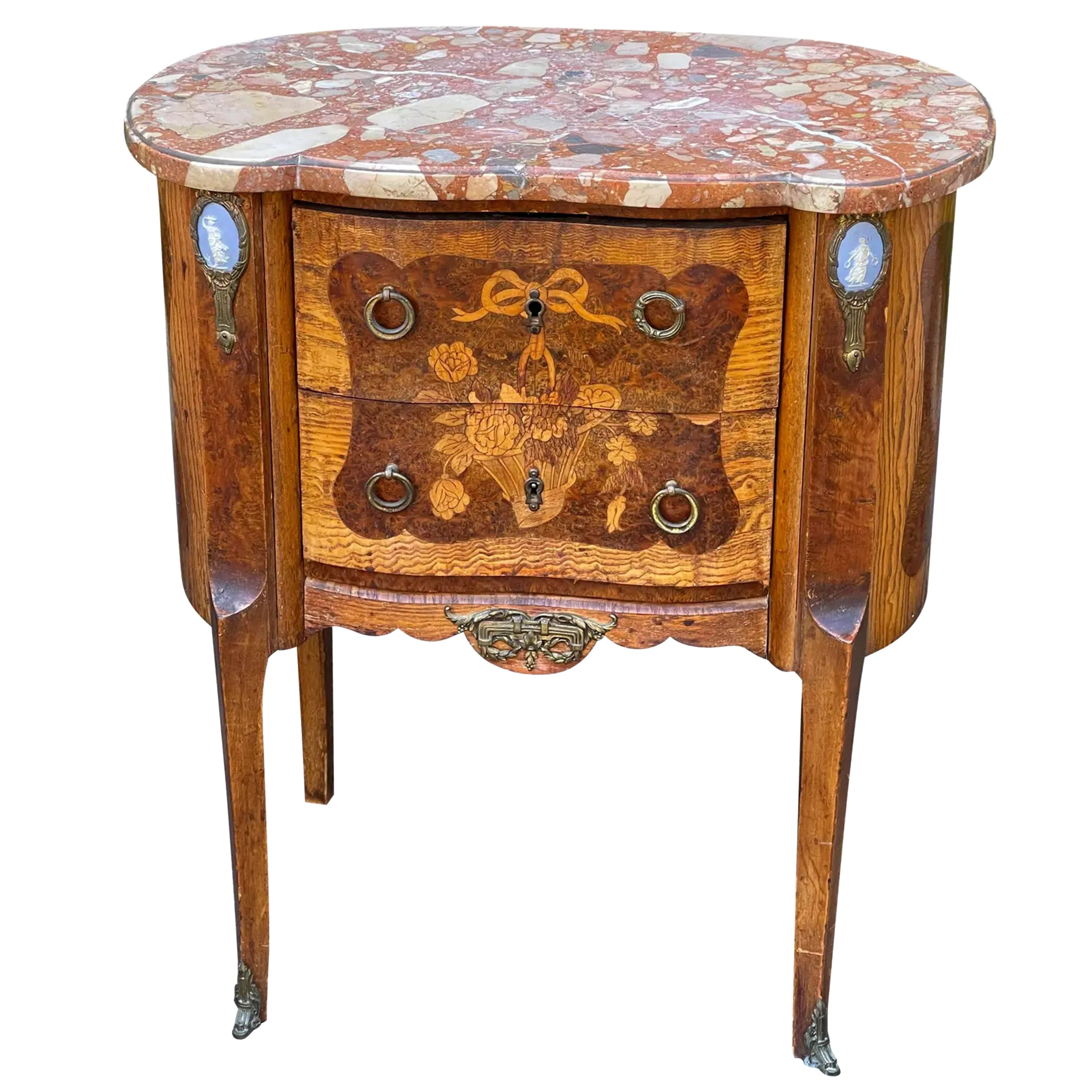 Antique Wedgwood Jasperware Mounted Marble Top Satinwood Inlaid End Table