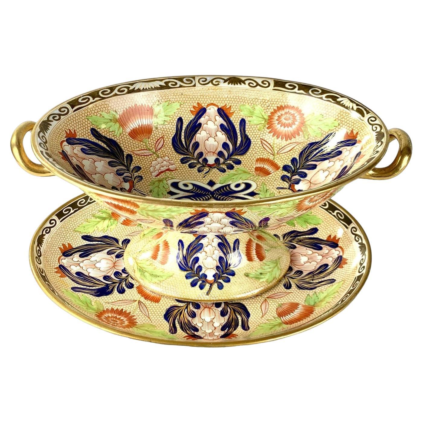Antique Wedgwood Pearlware Hand Painted Compote with Tray Imari Style c.1820 en vente