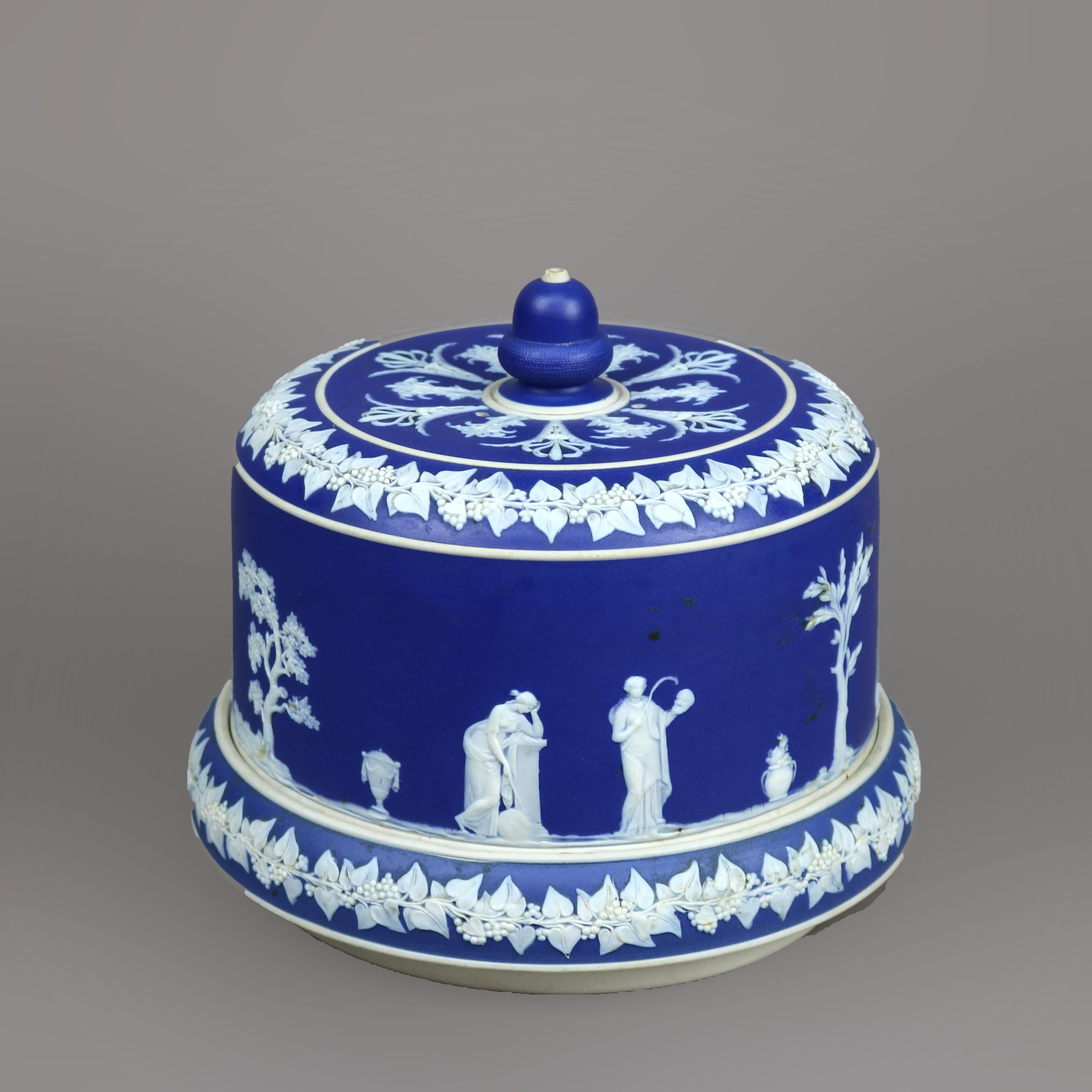 Antique Wedgwood School Cameo Blue & White Jasperware Cheese Keeper 19th C In Good Condition In Big Flats, NY