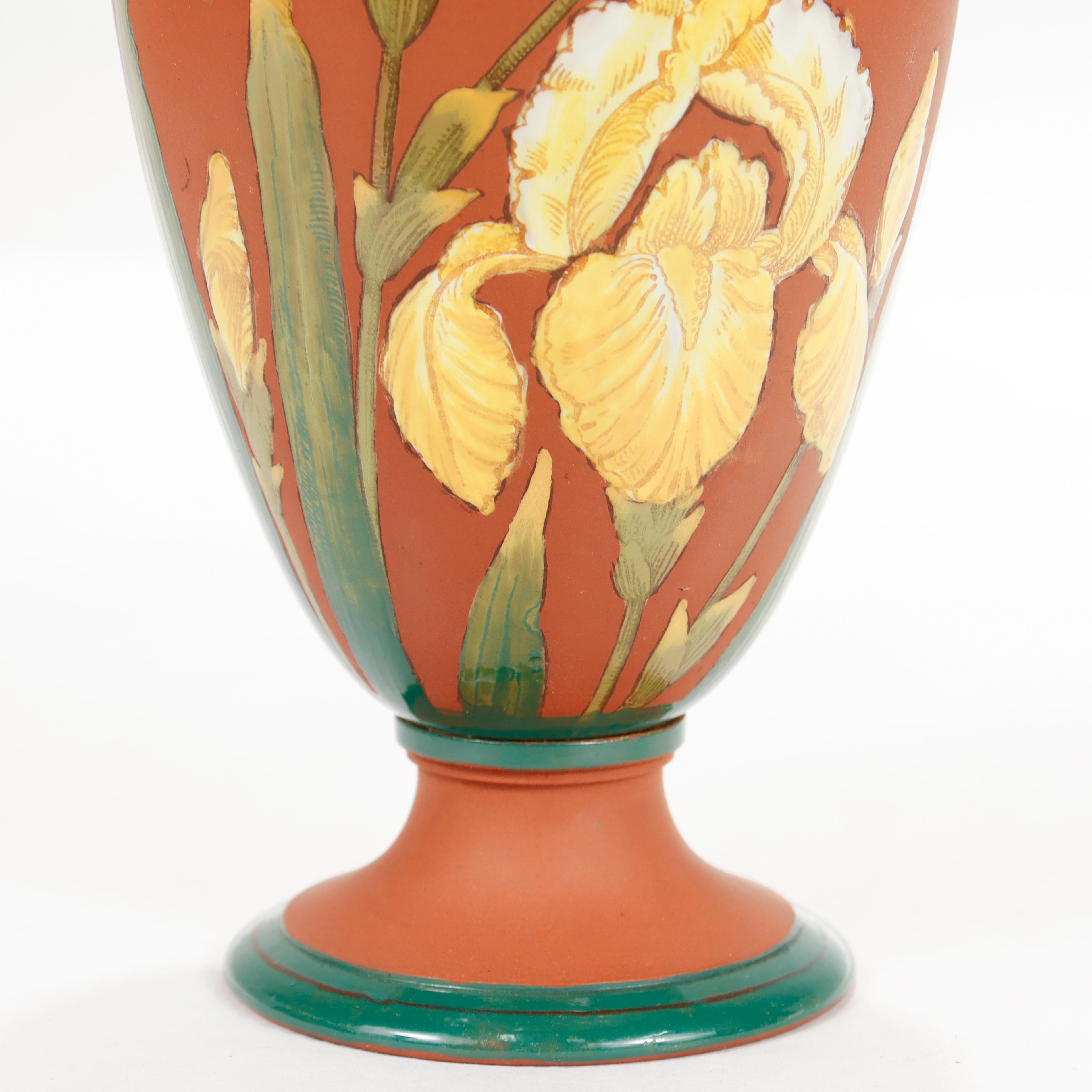 Antique Wedgwood Yellow Enameled Rosso Antico Kentlock Iris Flower Vase 3