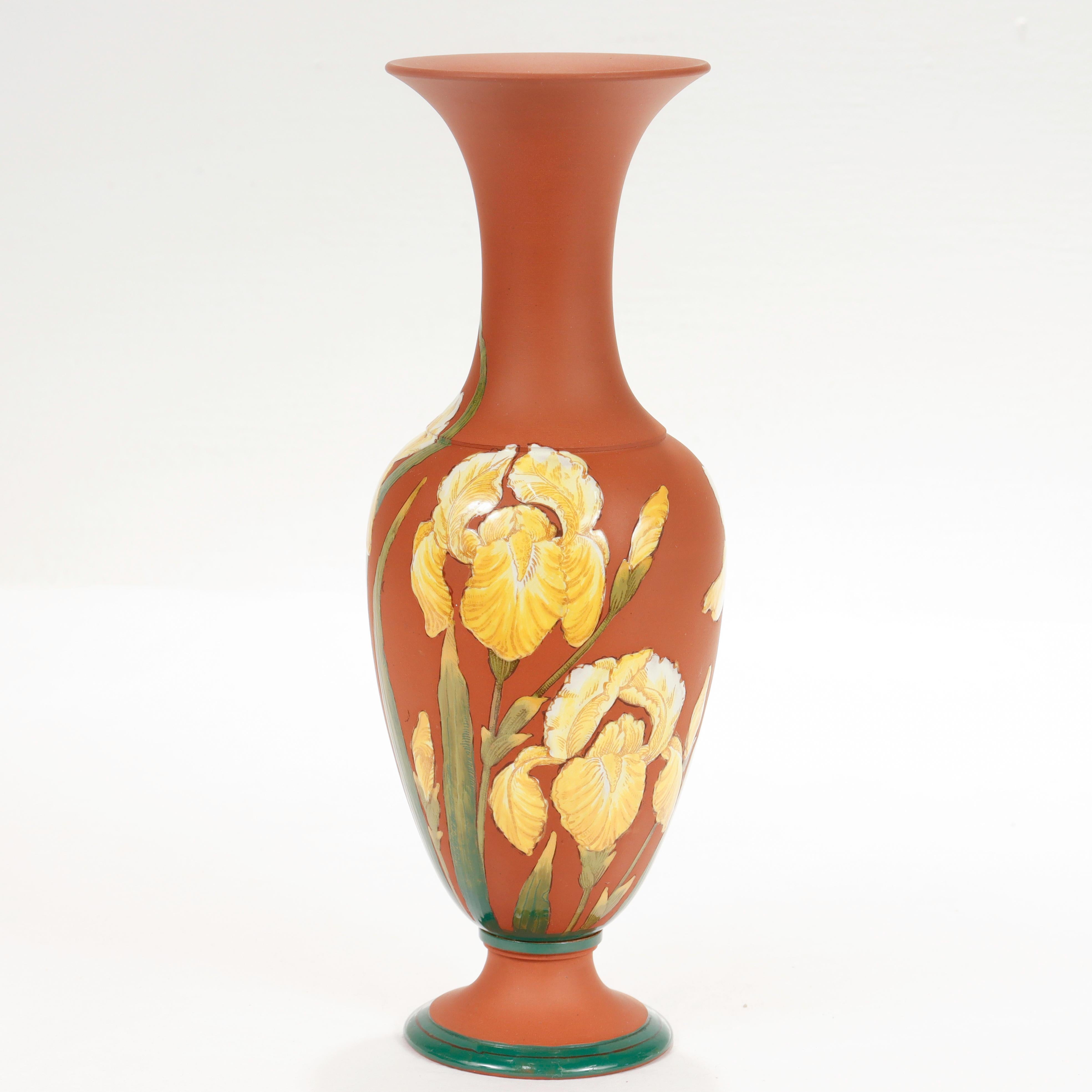 Aesthetic Movement Antique Wedgwood Yellow Enameled Rosso Antico Kentlock Iris Flower Vase