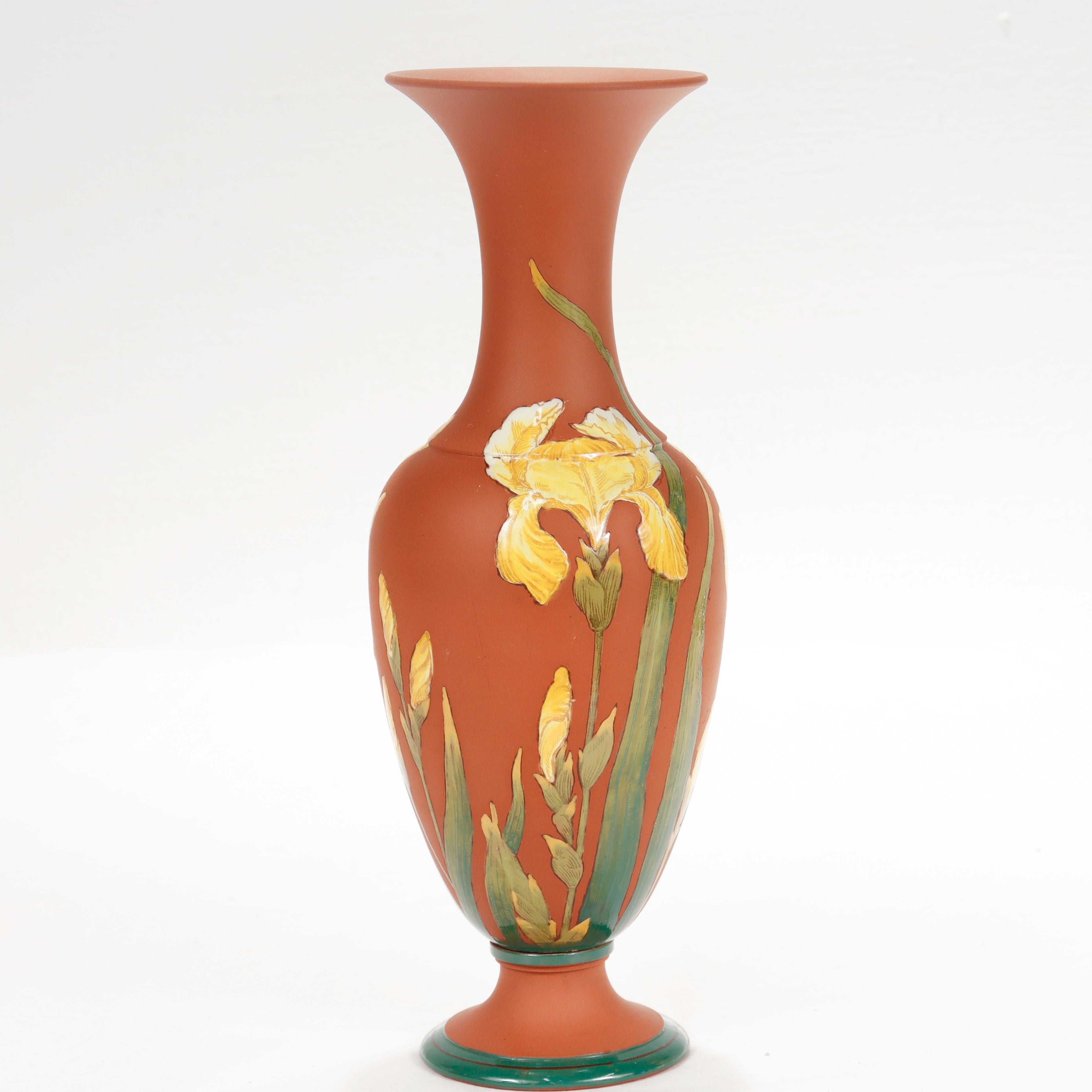English Antique Wedgwood Yellow Enameled Rosso Antico Kentlock Iris Flower Vase