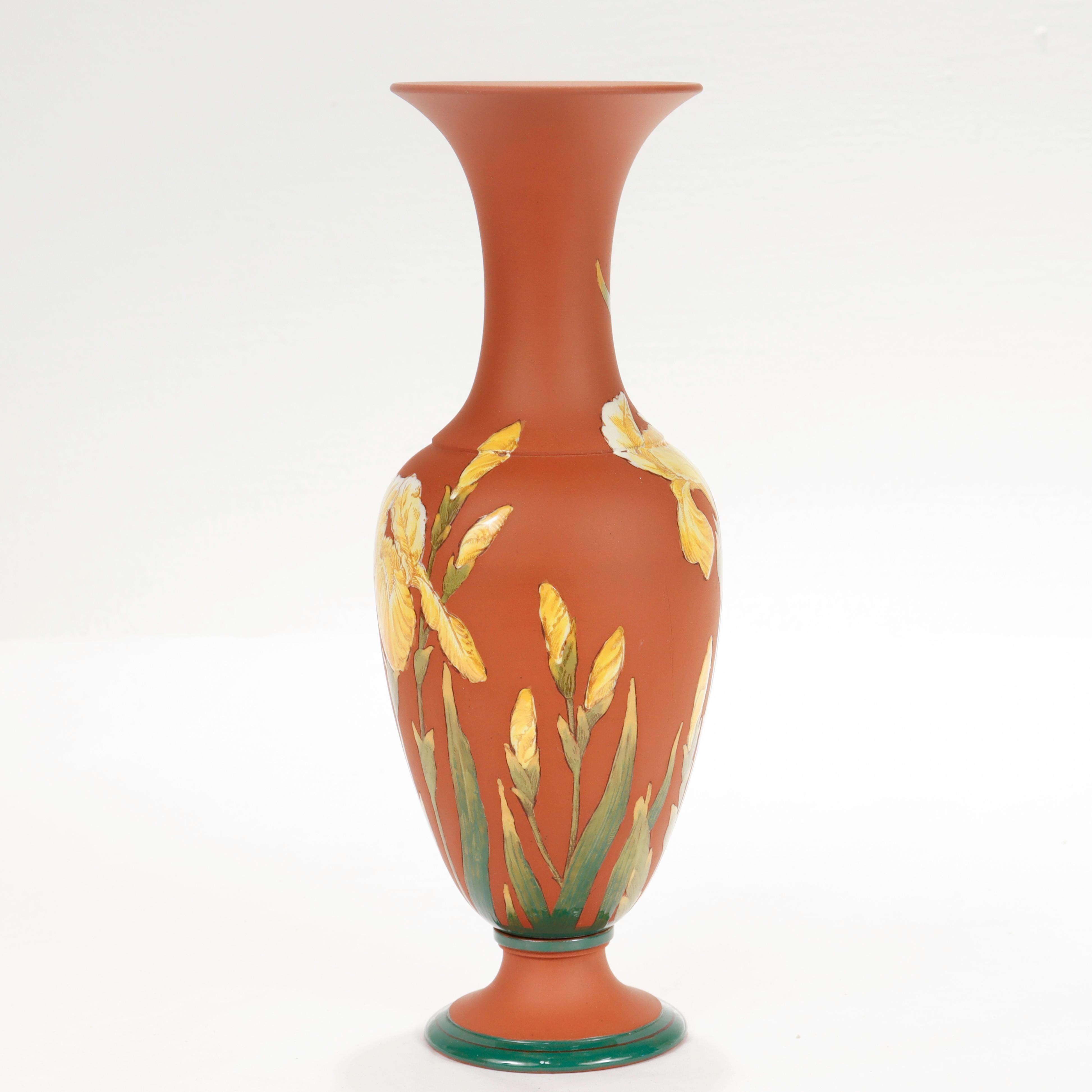 Antique Wedgwood Yellow Enameled Rosso Antico Kentlock Iris Flower Vase In Good Condition In Philadelphia, PA