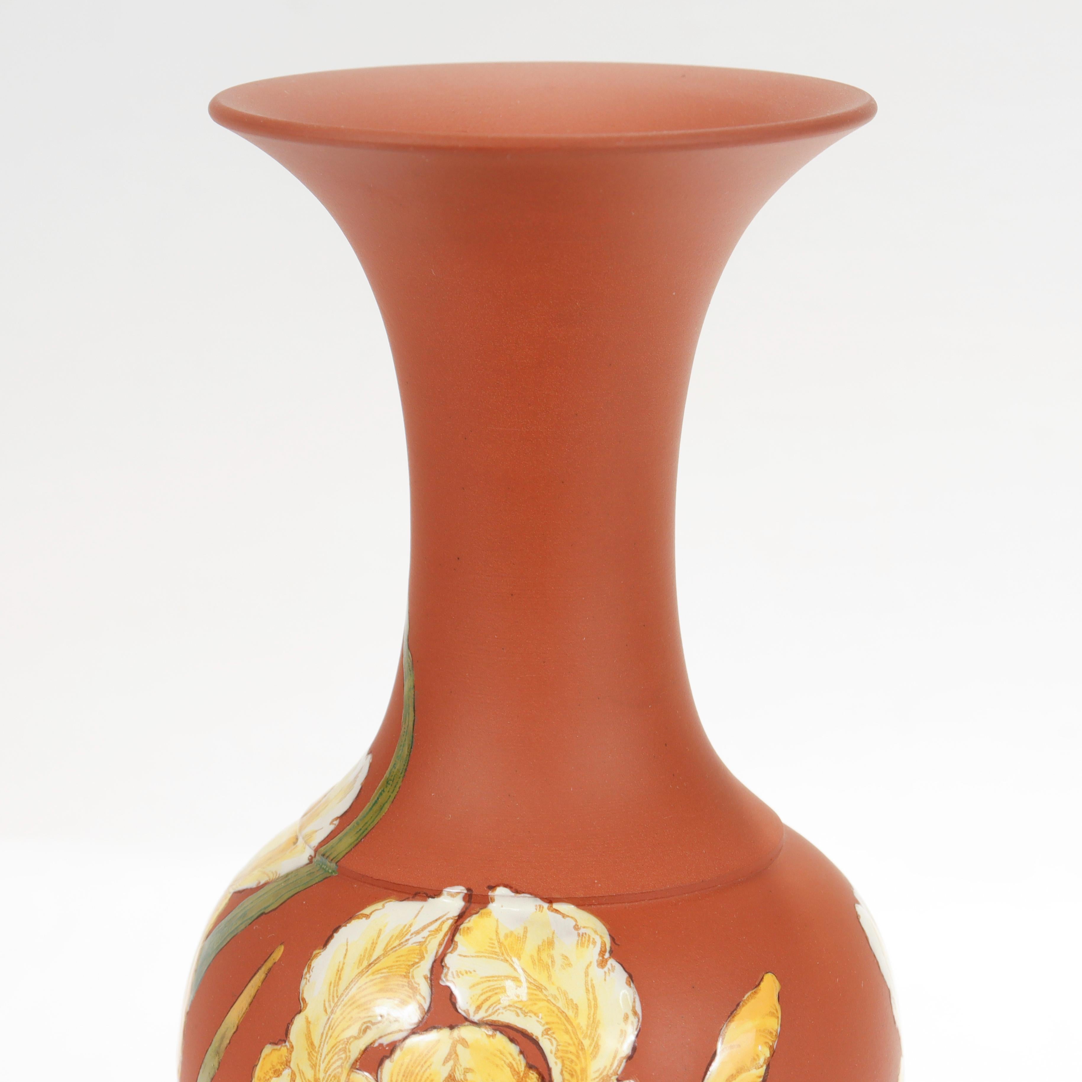 Antique Wedgwood Yellow Enameled Rosso Antico Kentlock Iris Flower Vase 1
