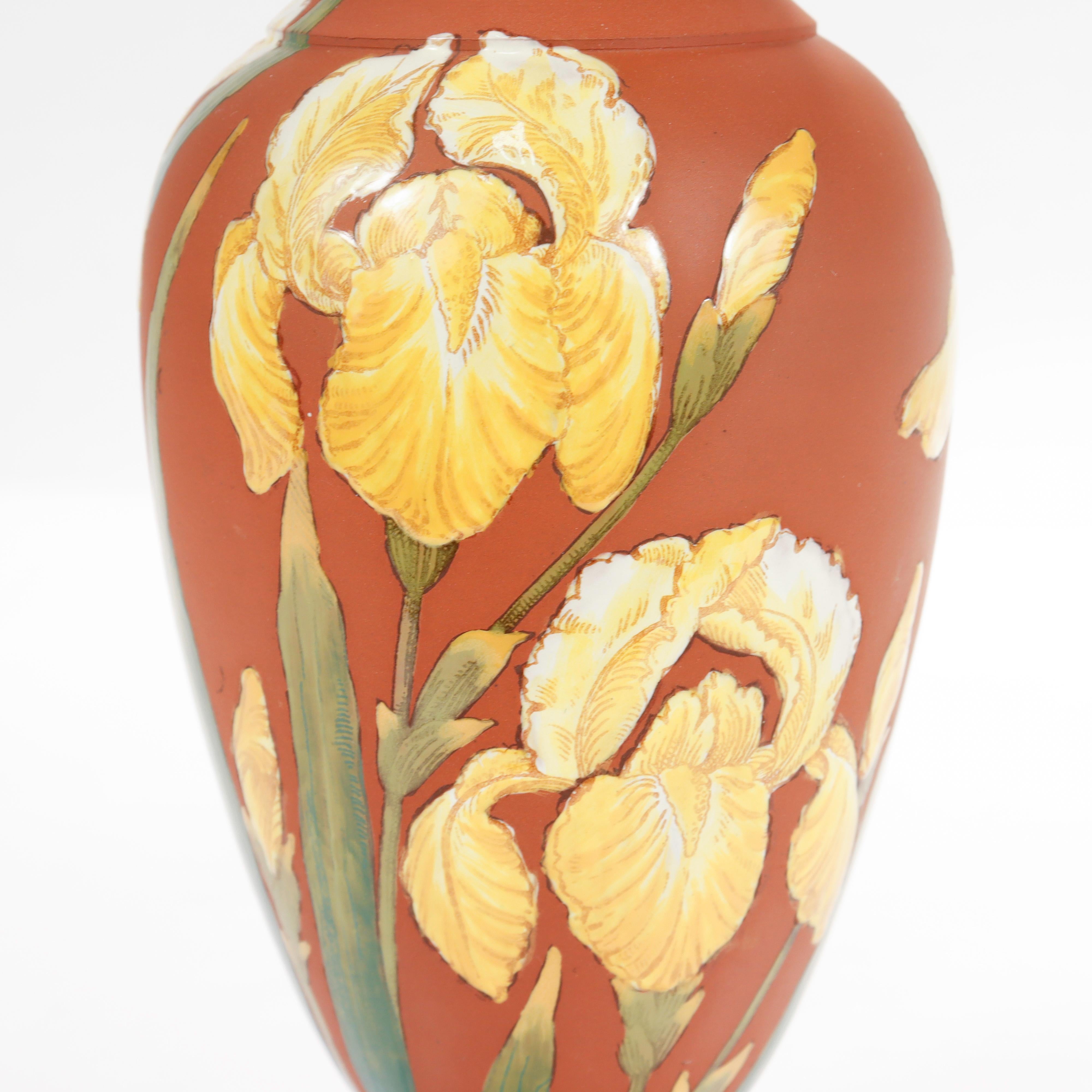 Antique Wedgwood Yellow Enameled Rosso Antico Kentlock Iris Flower Vase 2
