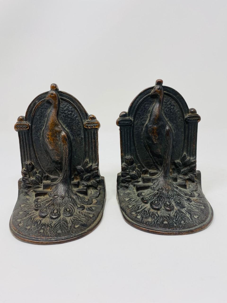 Antique Weidlich Brothers Peacock Bird of Paradise Pair of Bookends In Good Condition In San Diego, CA