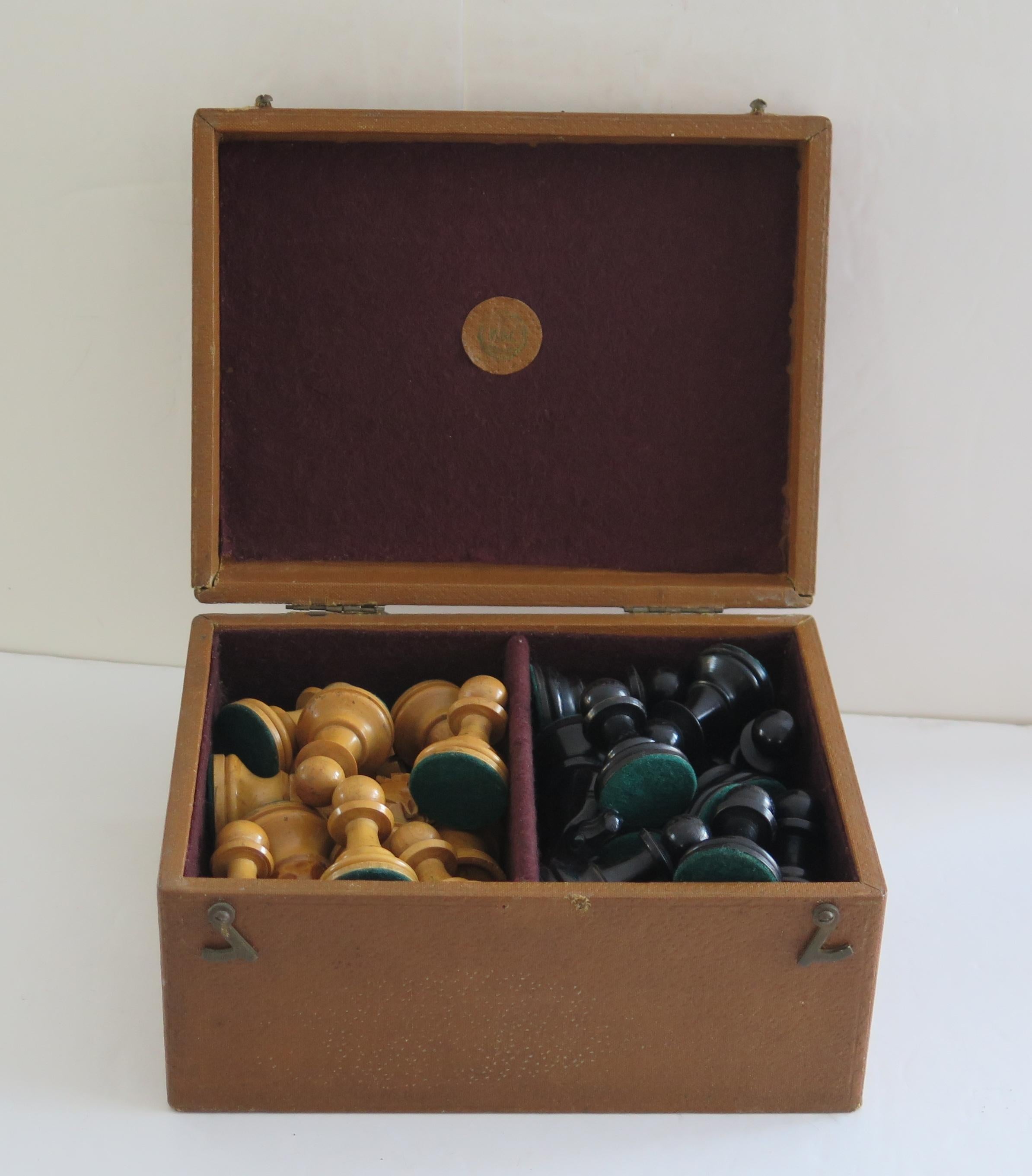 Edwardian Antique Weighted Chess Set 95mm Kings Fierce Knight Boxed, K&C London Ca 1900
