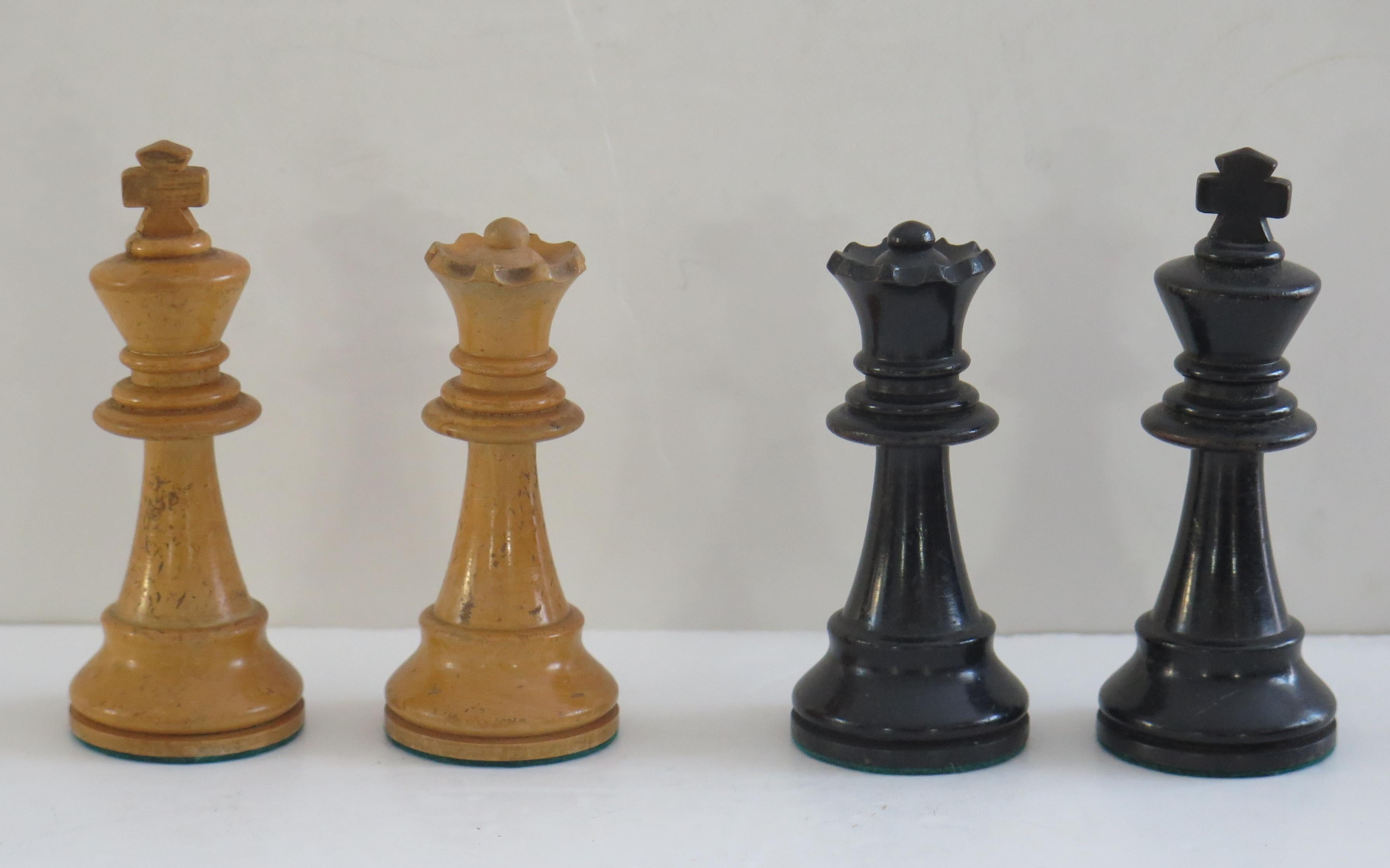 British Antique Weighted Chess Set 95mm Kings Fierce Knight Boxed, K&C London Ca 1900